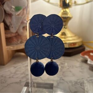 J.Crew Blue Disc Ball Raffia Triple Drop Large Statement Dangle Earrings